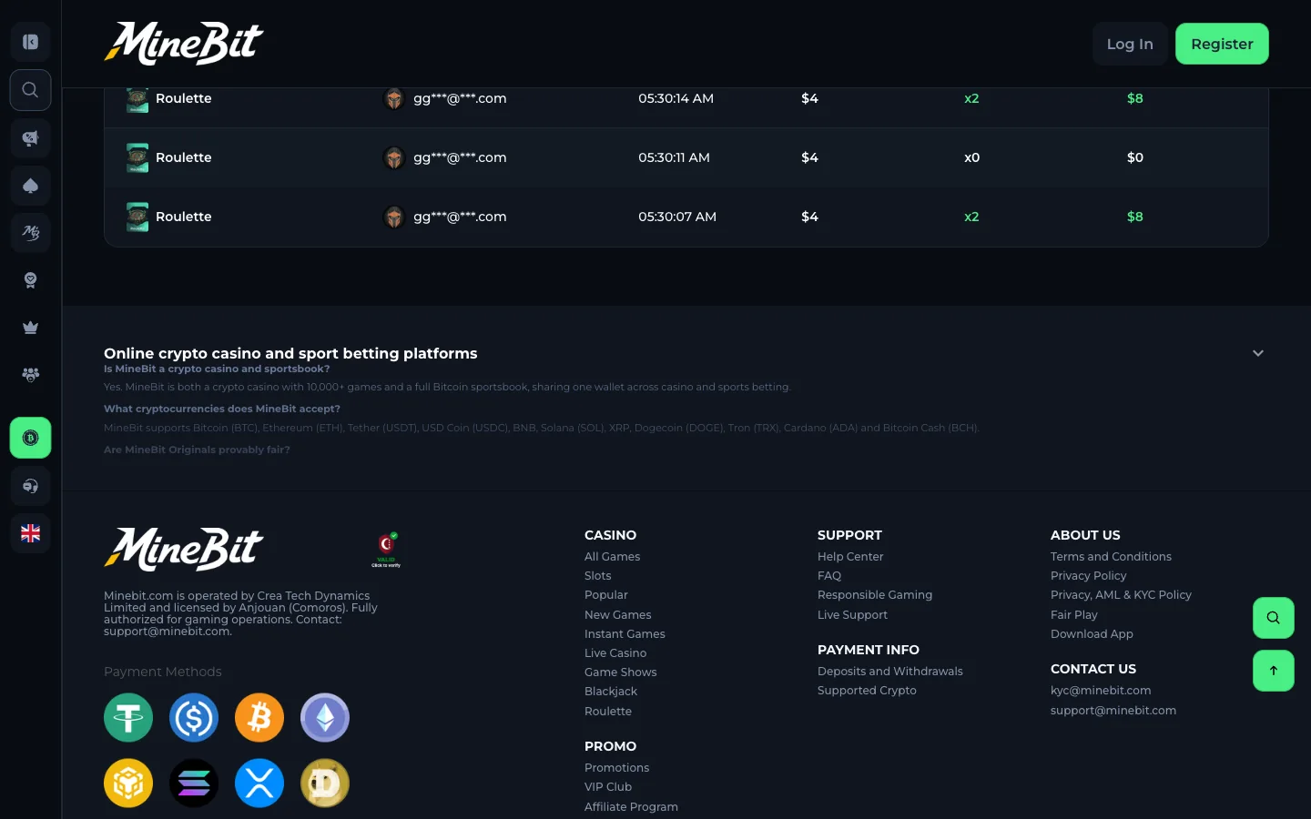 MineBit casino homepage live bets feed with the footer licence line visible, loaded from Canada