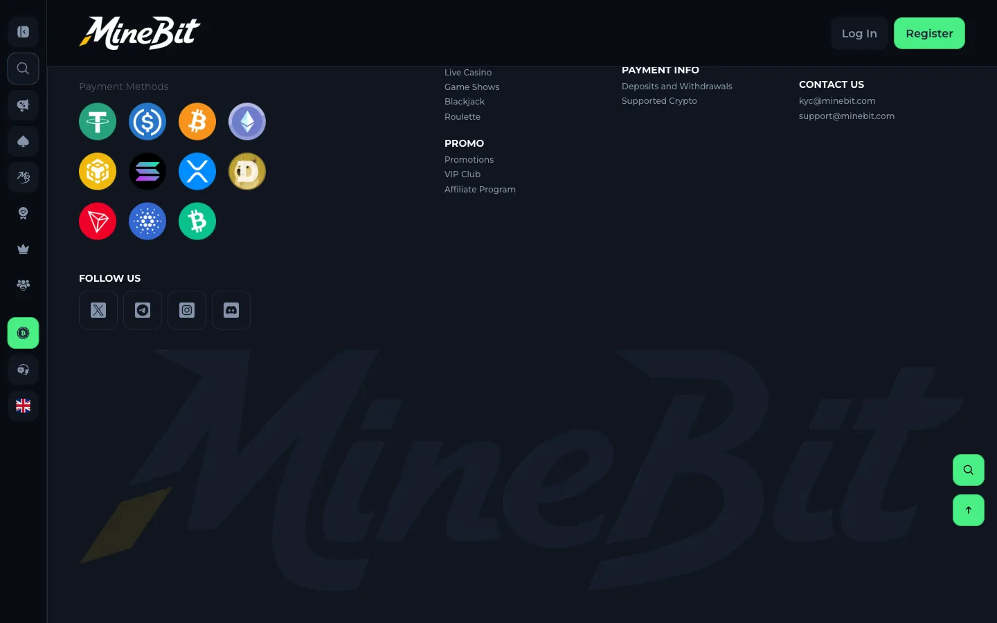 The eleven cryptocurrency icons in the MineBit casino site footer, showing accepted payment methods for Canada